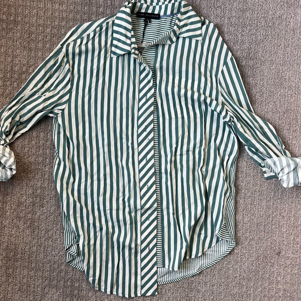Jane and Delancey Striped Button-Down Shirt in Green and White